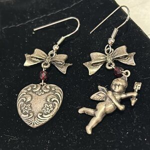 Vintage Antiqued Silver Cherub & Heart Earrings,Boutique-NWT